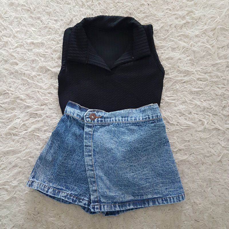 Baju Rok Jeans Anak setelan kaos rib skort jeans