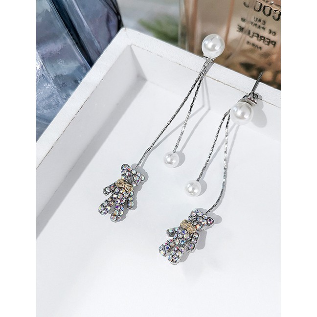 LRC Anting Tusuk Fashion Long Silver Bear Pearl Stud Earrings F76517