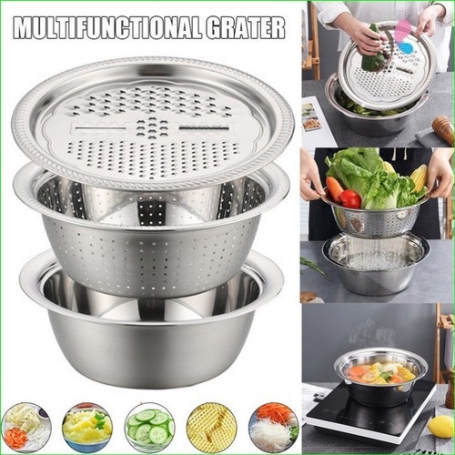 Parutan Baskom Saringan Stainless Steel 3in1 / Tirisan Baskom Cuci Sayur Buah