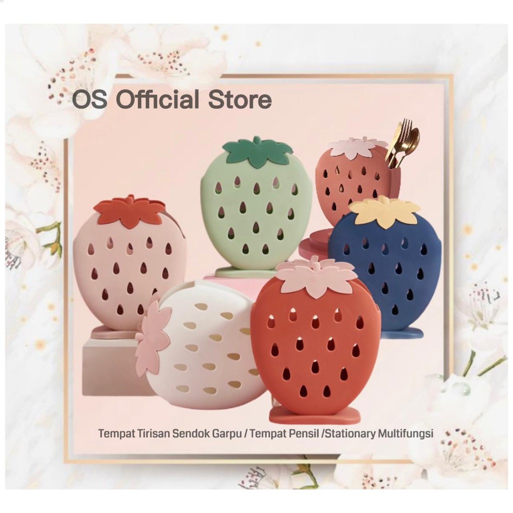 OS Tempat Tirisan Sendok Garpu Motif Strawberry / Tempat pensil stationary Multifungsi Serbaguna