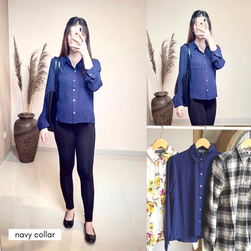 JAPAN UNPEU FEMME Blouse - Atasan Wanita - Blouse Wanita Printed Original-Navy Collar