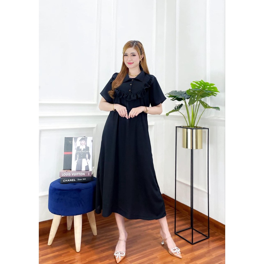 Yuki Dress Wanita Crinkle Airflow Premium Baju Wanita Kekinian Lengan Pendek Maxydress  LD 140 cm