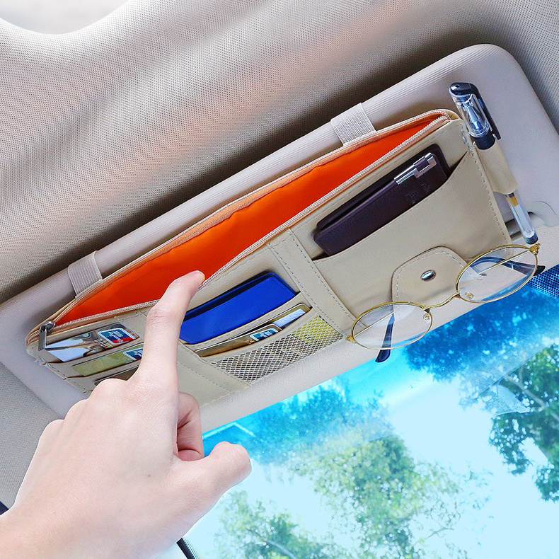 Tas Penyimpanan Mobil Sun Visor Organizer Multifungsi PU Leather Card Holder Kartu Sim Kacamata Klip Holder Aksesoris Interior