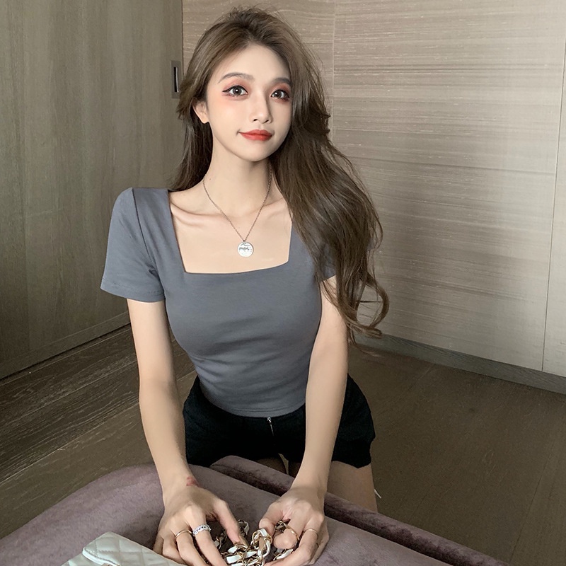 SQUARE NECK T-SHIRT KAOS CROP TOP ATASAN WANITA POLOS SLIM LENGAN PENDEK SHORT SLEEVE SEXY FIT BODY 