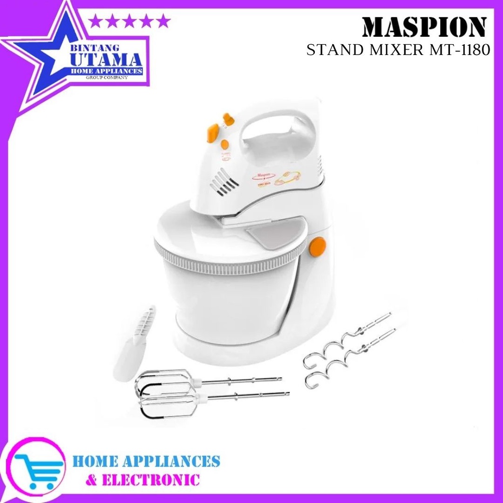 (COD) Stand Mixer Maspion MT-1180/ MT1180 / MT 1180 Stand Mixer - Putih / Mixer Kue Berdiri Otomatis