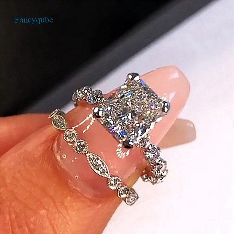 Fancyqube Set Cincin Cubic Zirconia Bentuk Persegi Warna Putih Dapat Ditumpuk Untuk Wanita