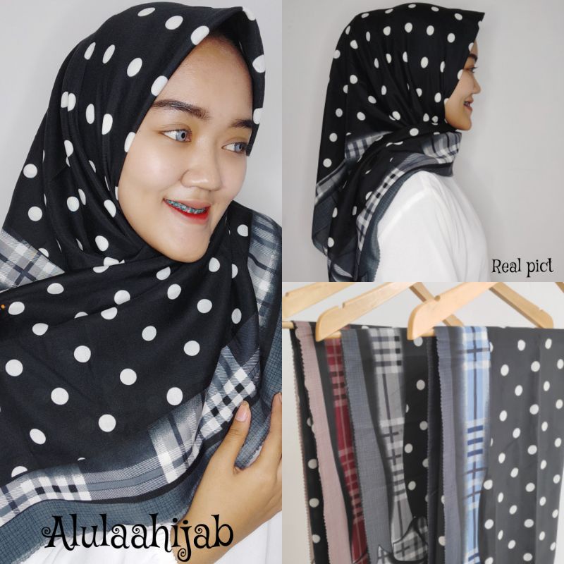 Kerudung vanilla hijab jilbab leopard love rantal polkadot / vanilla hijab segiempat voal motif vanilla chain / deenay kw button kw lasercut-Polka pita Abu