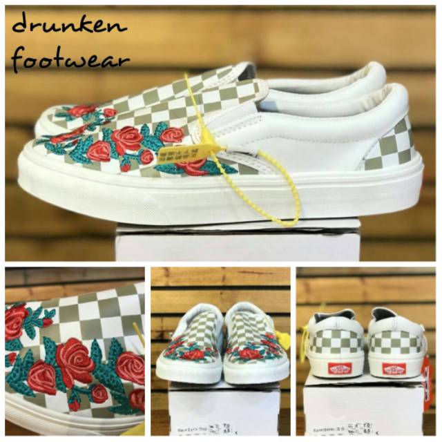 SEPATU VANS SLIP ON DX ROSE EMBROIDERY GREY WHITE - ORIGINAL MIRROR - abu putih motif bunga hitam