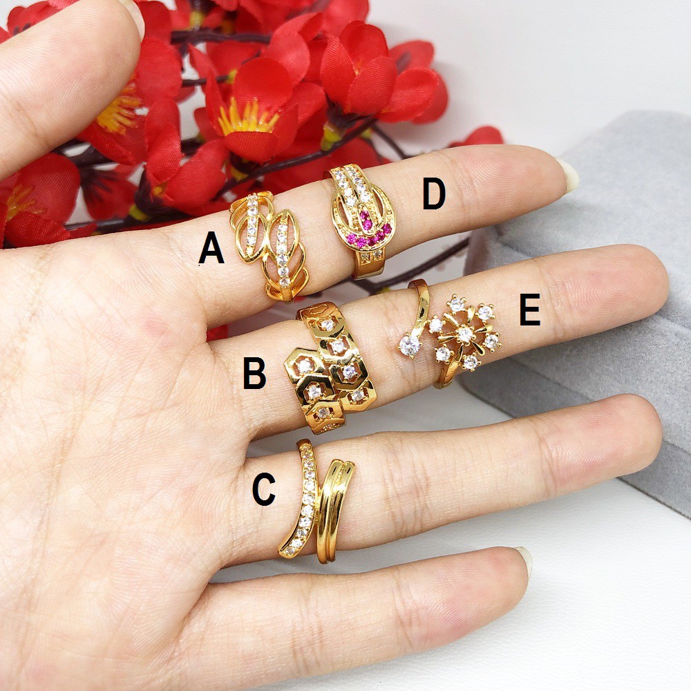 Cincin Yaxiya Model Silang Snowflake Belt Batu Pink Daun Lapis Emas - BR409