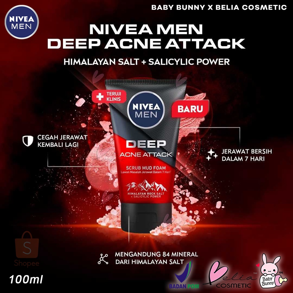 ❤ BELIA ❤ NIVEA MEN Deep Acne Attack 100ml | Scrub Mud Foam | Facial Wash | Facial Foam | BPOM