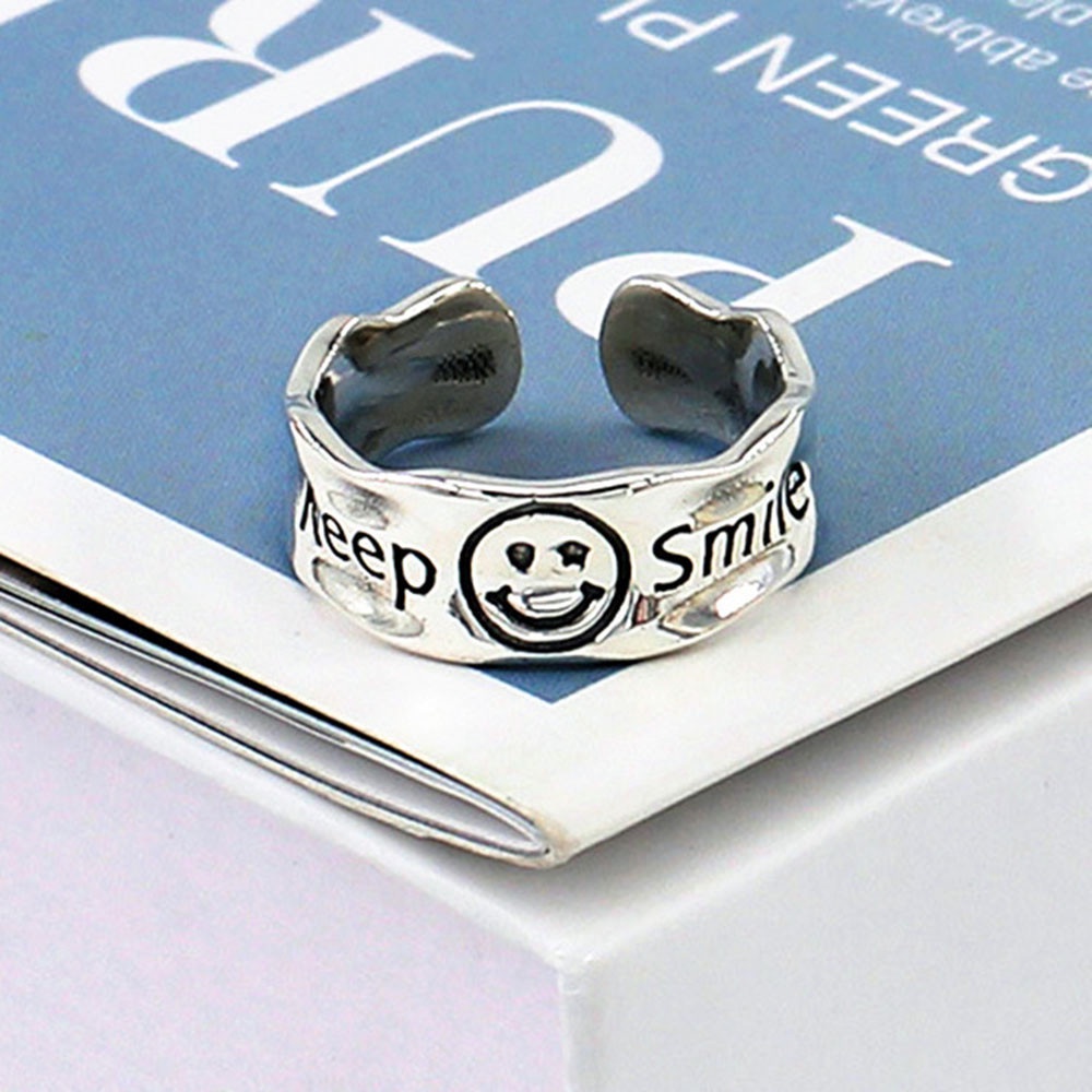 1pc Cincin Model Terbuka Desain Tulisan Smiley Gaya Korea Adjustable Untuk Wanita