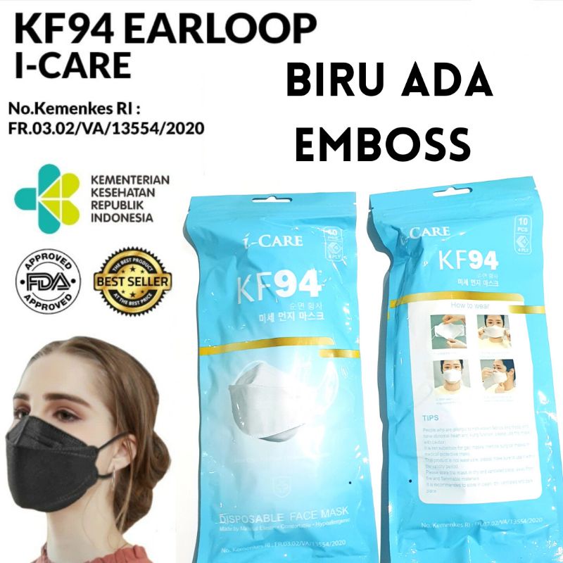 MASKER KF94 ICARE 4PLY ADA EMBOSS WARNA BIRU ORIGINAL KEMENKES