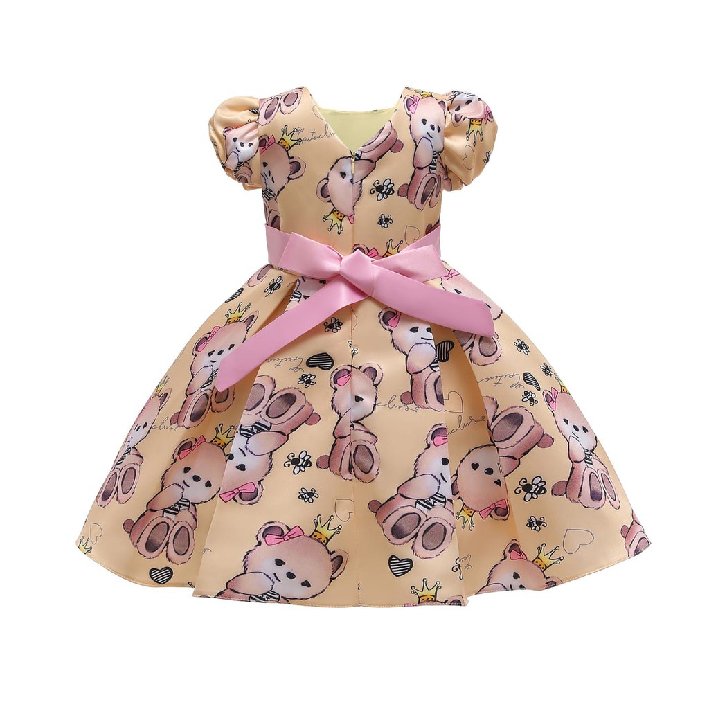 PRINCESS BEAR DRESS / DRES GAUN PESTA ANAK PEREMPUAN MOTIF BONEKA BERUANG PUTIH NUDE KOREA IMPOR