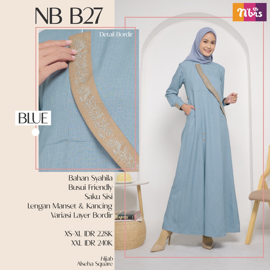 Nibras NB B27 Gamis muslimah Bahan Syahila Design Simple Dengan Varisi Bordis Casual OOTD