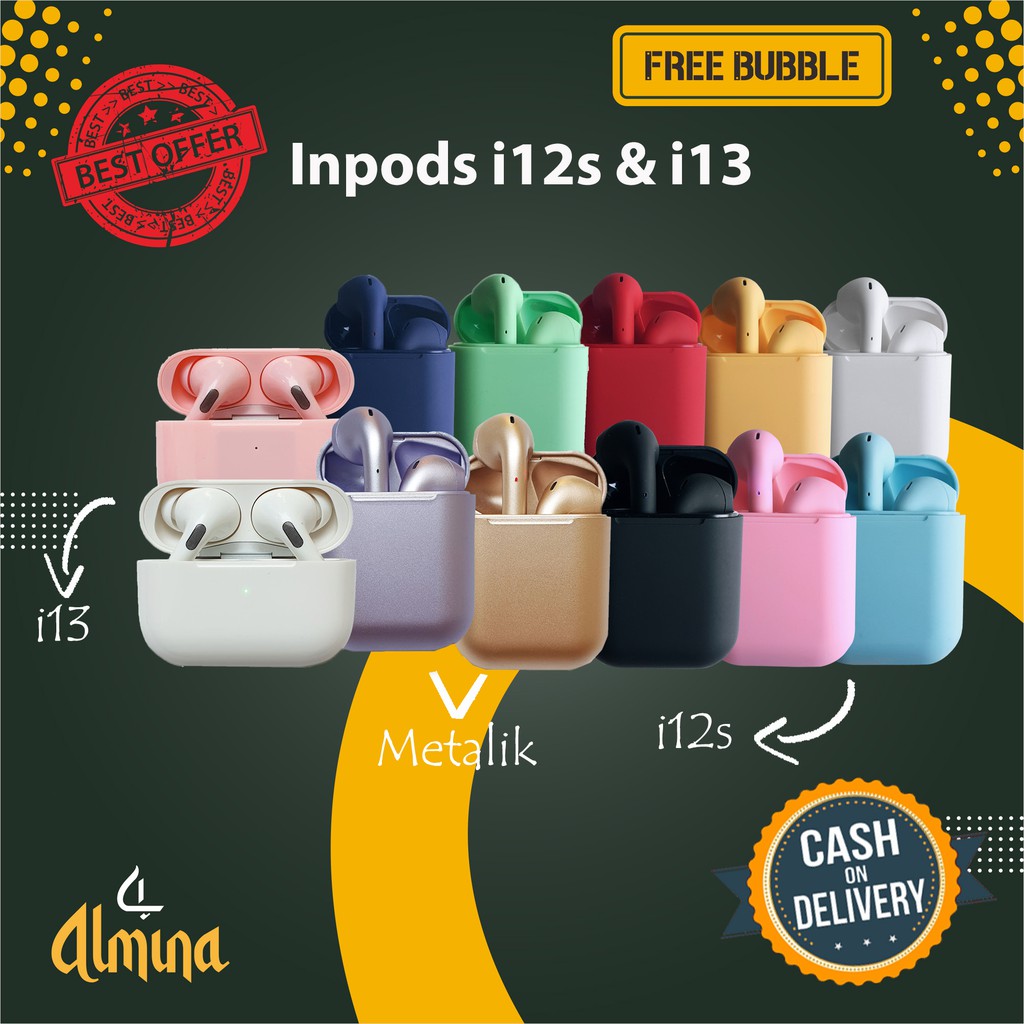 Headset Bluetooth inpods i7s i12 i13 TWS Wireless Earphone Bluetooth Macaron Android IOS Almina