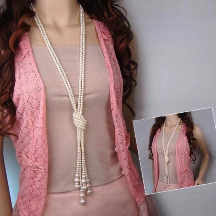 Long Knotted Simulated Pearl Necklace