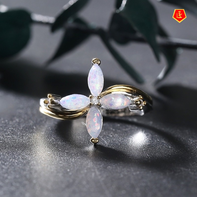 [Ready Stock]18K Gold Color Separation Inlaid Gem Cross Ring Personality Fashion