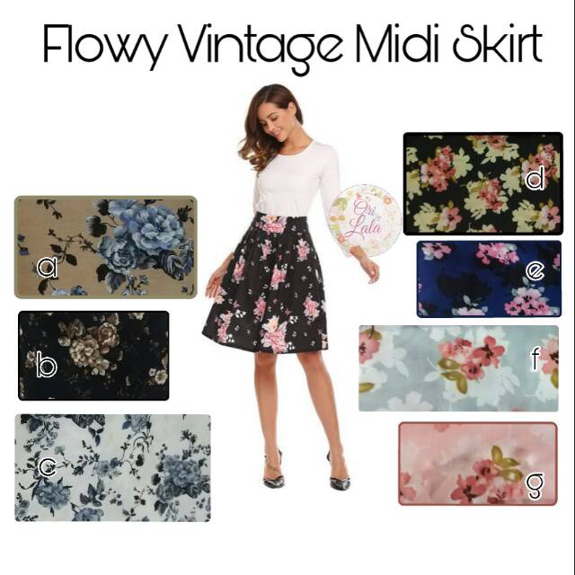 Flowy Vintage Midi Skirt Rok Mini Pendek Bunga Floral Flower Rose Flare Klok