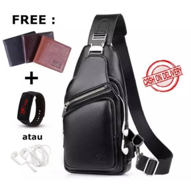 Tas Selempang Pria Kulit Murah Anti Air - Bruce Bag Hitam bonus Dompet + Jam Tangan LED/Headset