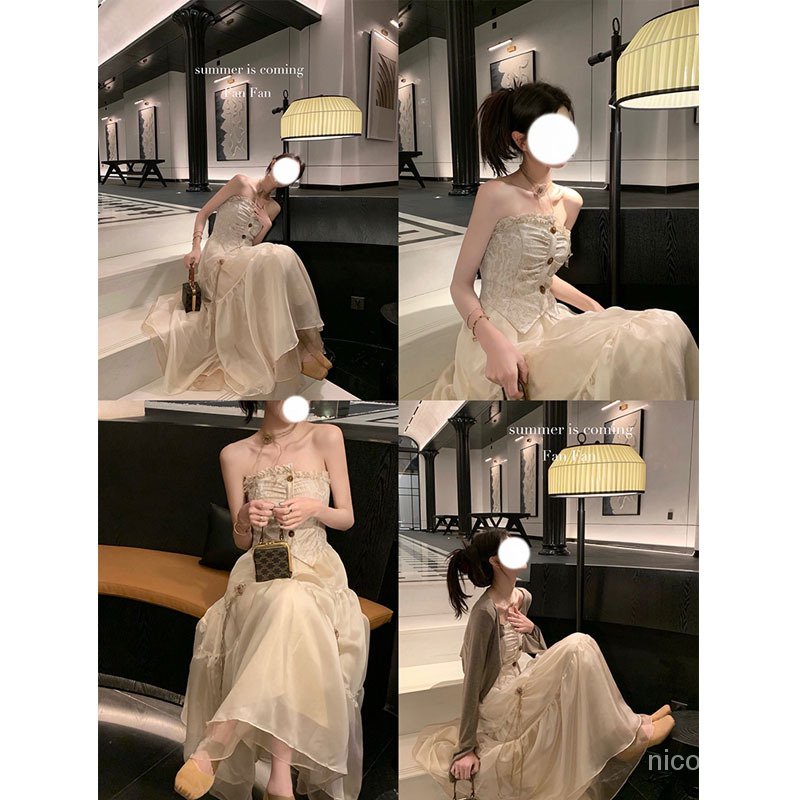 Nico##FAHUA Gaya Perancis Tabung Atas Gaun untuk Wanita Musim Panas Niche Rasa Desain Tulle Rok Tinggi Tem