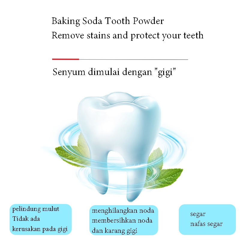 Soda Bubuk pembersih gigi/Memutihkan gigi Menghilangkan gigi kuning noda gigi bau mulut /Menghambat bakteri mencegah gigi berlubang Melindungi gusi gigi/Alat ampuh pemutih Menghilangkan kuning dan menjadi putih