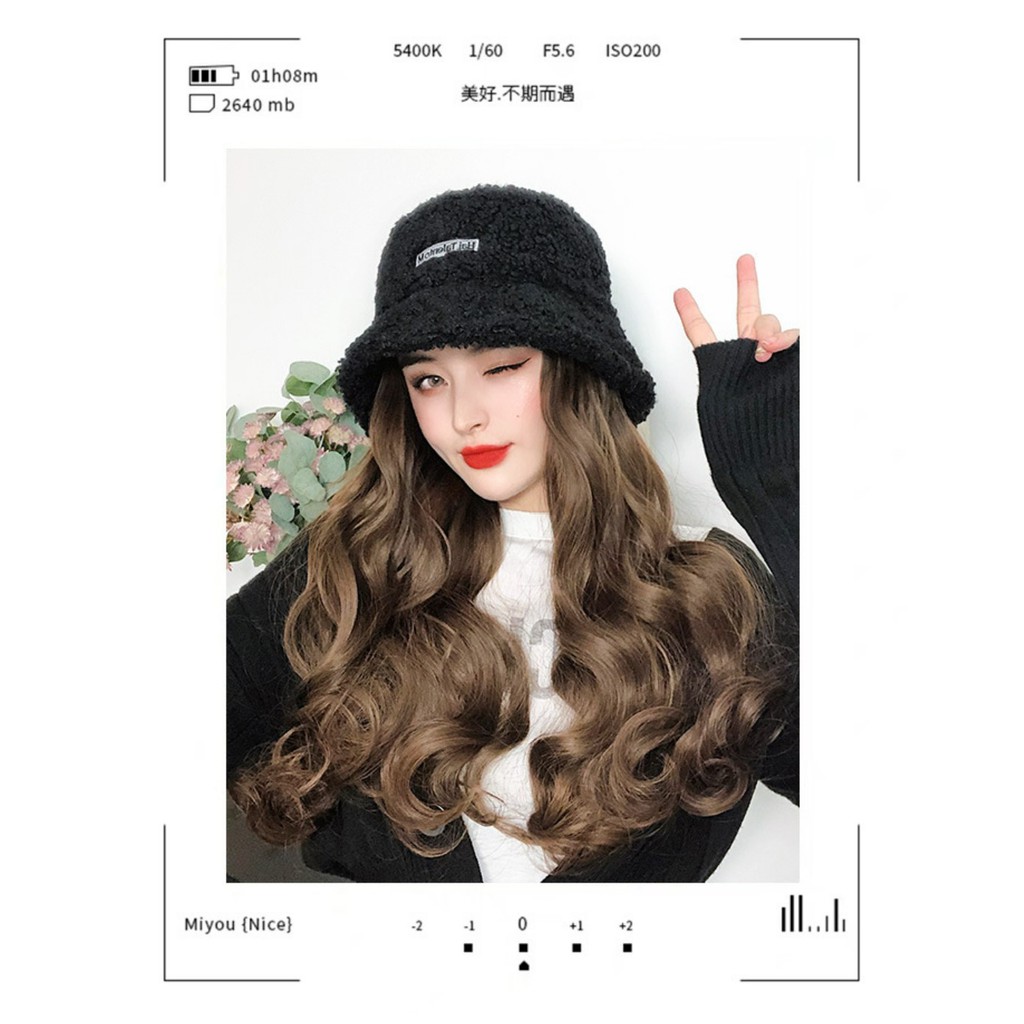 HTK wig topi bucket hat wool baret beret panjang wig hat rambut palsu hair extension