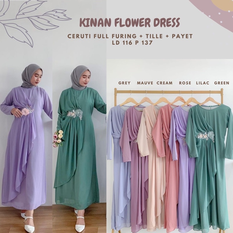 Kinan Flower Dress/Dress Ceruti Ld 116/Dress Polos Jumbo/Dress Lebaran/Dress Pesta/Gamis Lilac