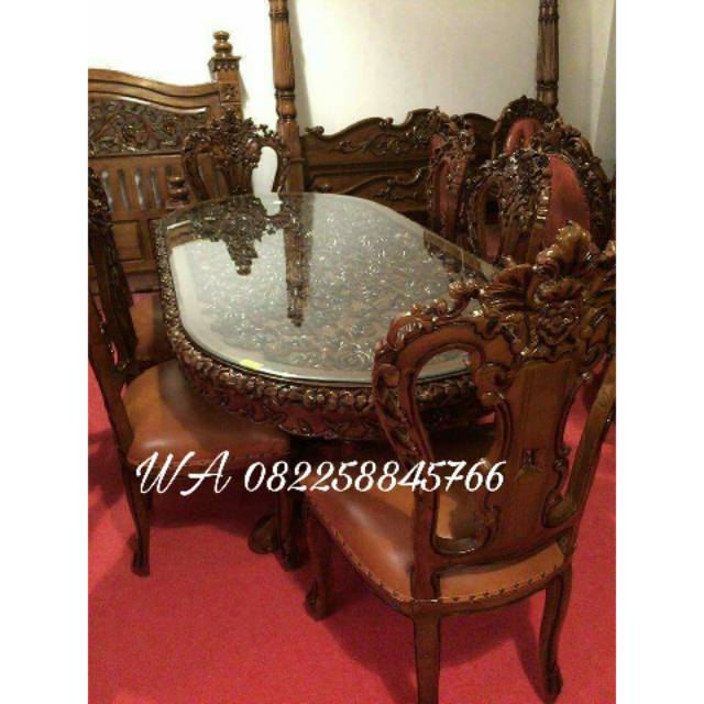 Meja Kursi Makan Keluarga Mewah, Meja Makan Salina Ganesa Kayu Jati Kursi6 Ukiran Jepara