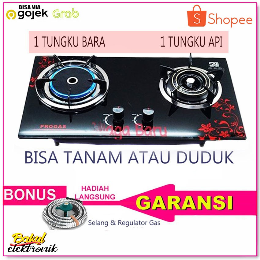 Kompor Tanam Kaca 2 Tungku Progas 1 Tungku Gas & 1 Tungku Bara-Hitam