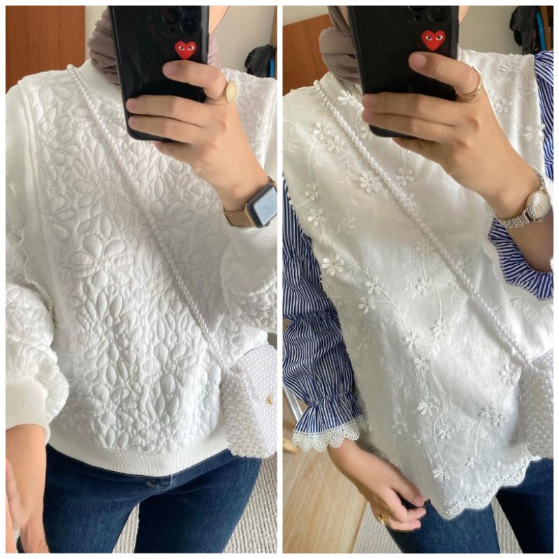 Aloha Sweater White dan Candelia Blouse by outfix