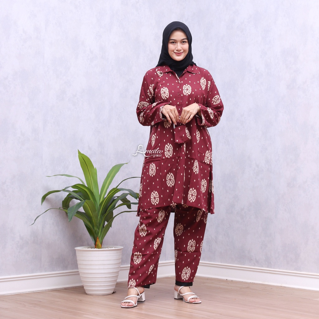 AMALAGROSIR - (COD) One Set Tunik Tie Dye Rayon / One Set Tunik Lengan Panjang / Indian Set-Kimana Maroon