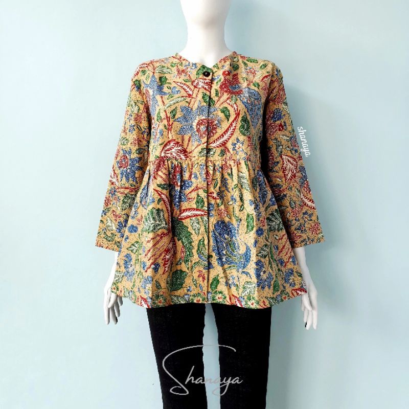 Atasan Wanita Blus Batik Peplum Solo Blouse Kerja Coklat Cream Merah Request Size Xs M L Xxxl