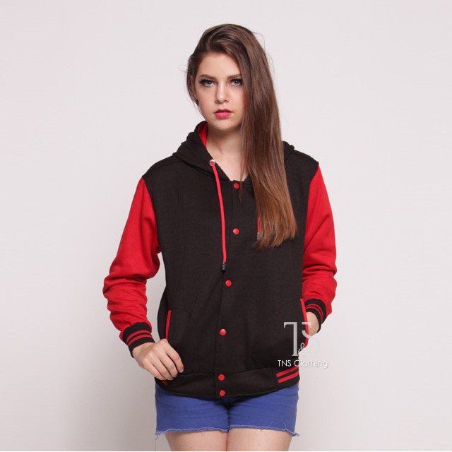 JAKET HOODIE VARSITY HITAM X MERAH POLOS PRIA M-XL