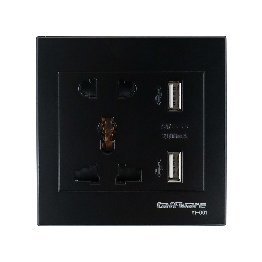 Taffware Stop Kontak Universal Wall Socket UK EU US &amp; 2 Port USB 2.1A - Y1-001 - Black