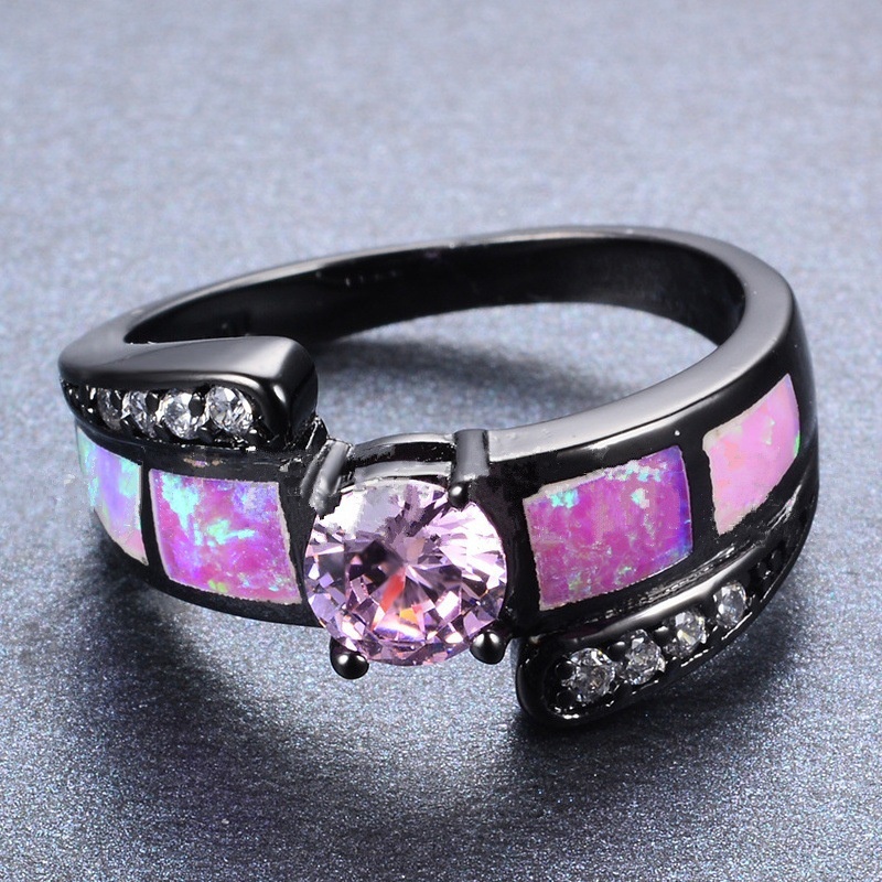 New black gold and pink round diamond opal ring