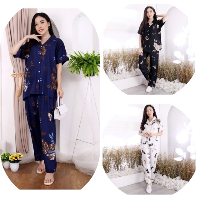 Baju tidur Set Piyama Tie Dye Wanita Celana Panjang  Selvia CP Motif Daun