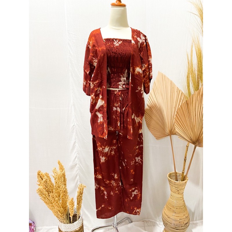 PUSAT FASHION WANITA TERLARIS SETELAN CARDIGAN KEMBEN TIE DIE BALI | VIRAL | KEKINIAN-Maroon