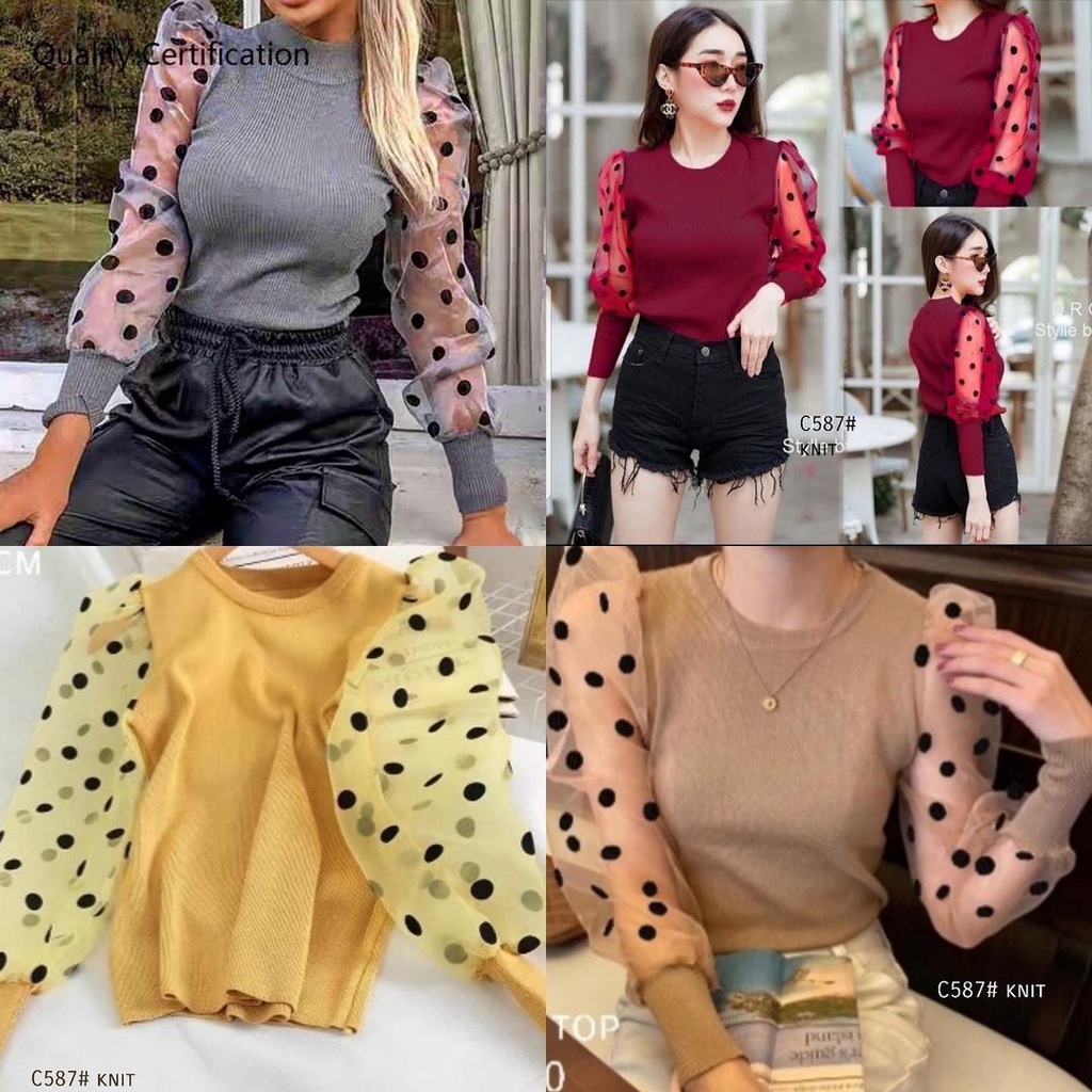 CLOTHINGICON BLOUSE PUFF PUFFY KNIT TILE POLKA DOT POLKADOT IMPORT