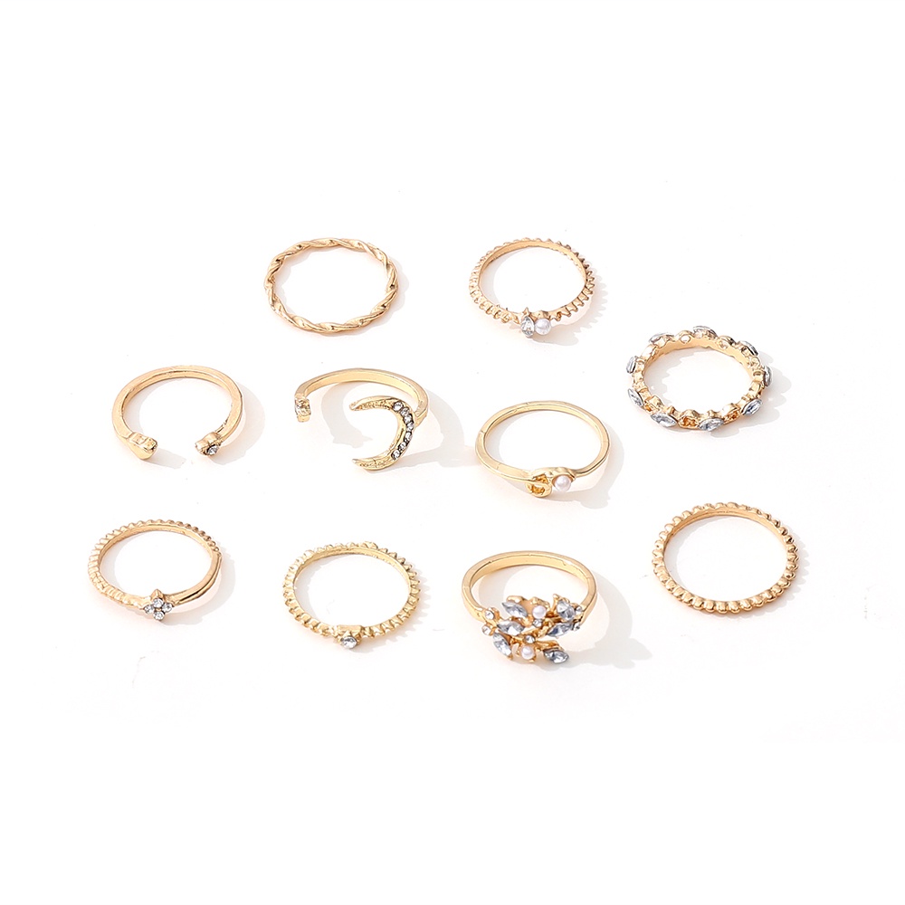 【COD Tangding】10pcs/set Star and Moon Ring Set with Diamond and Pearl Bohemian Ring Set with Jewelry Fashion