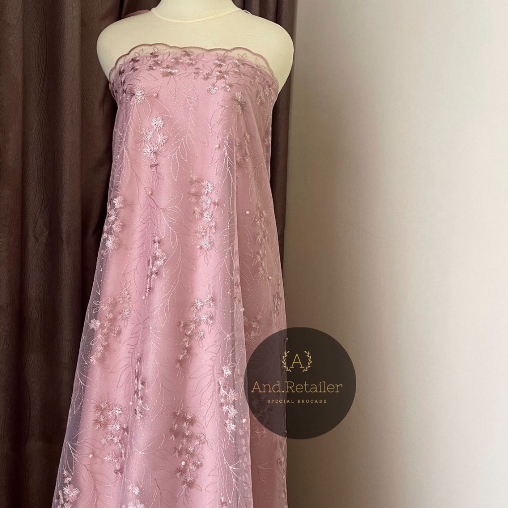 Kain Bahan Kebaya Brokat Tile Mutiara Charlotte warna hijau Rose Gold Semi Lavender