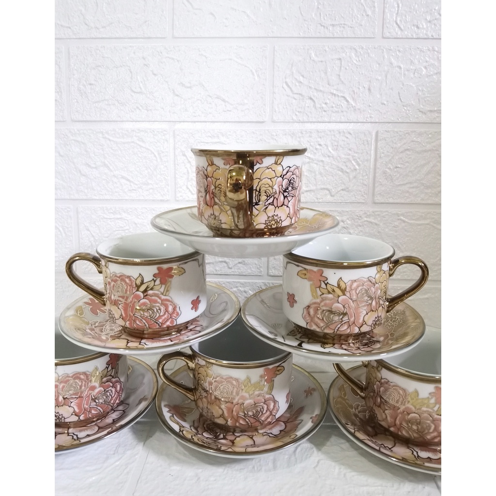 Cangkir set camgkir Teh 6 pasang motif golden flower taniti /tea set / coffe set