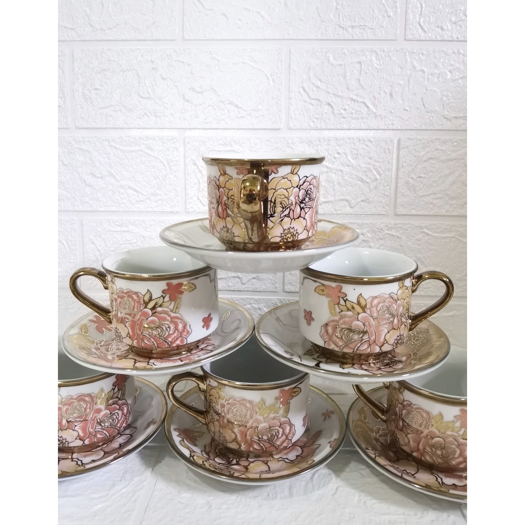 Cangkir Teh 6 pasang motif golden flower taniti / tea set / coffe set / kado gift