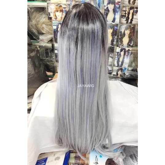 Wig Panjang 60cm Warna Silver Blue Rambut Palsu Wanita Lurus Panjang