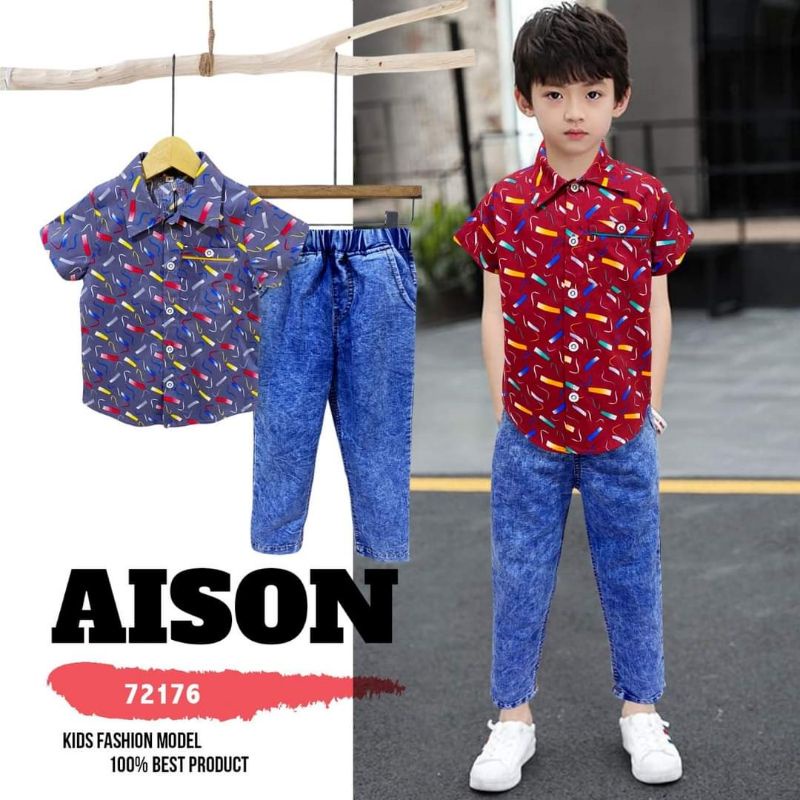 setelan baju anak laki-laki kemeja celana panjang aison lukisan
