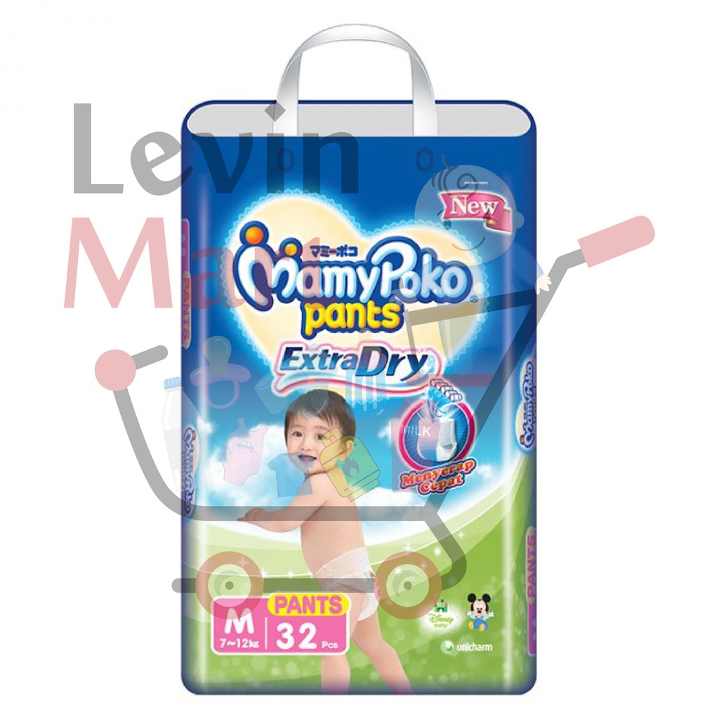 MAMY POKO PANTS EXTRA DRY/MAMYPOKO POPOK CELANA SEKALI PAKAI/SIZE M UNTUK BERAT 7-12 KG ISI 32 PCS