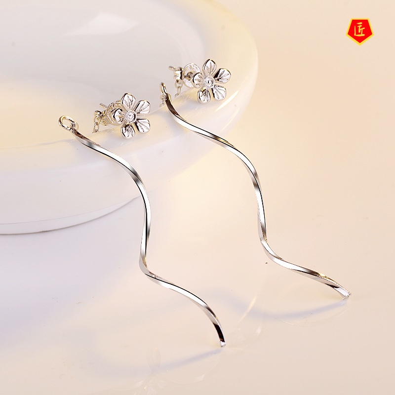 [Ready Stock]Fashion 925 Silver Long Wave Tassel Peach Blossom Studs