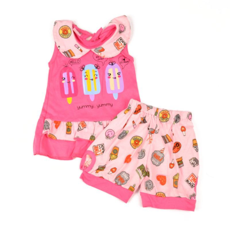 SETELAN FASHION BAJU ANAK PEREMPUAN 1-2 TAHUN ICE CREAM YUMMY LEKBONG CELANA PENDEK FREE BANDANA