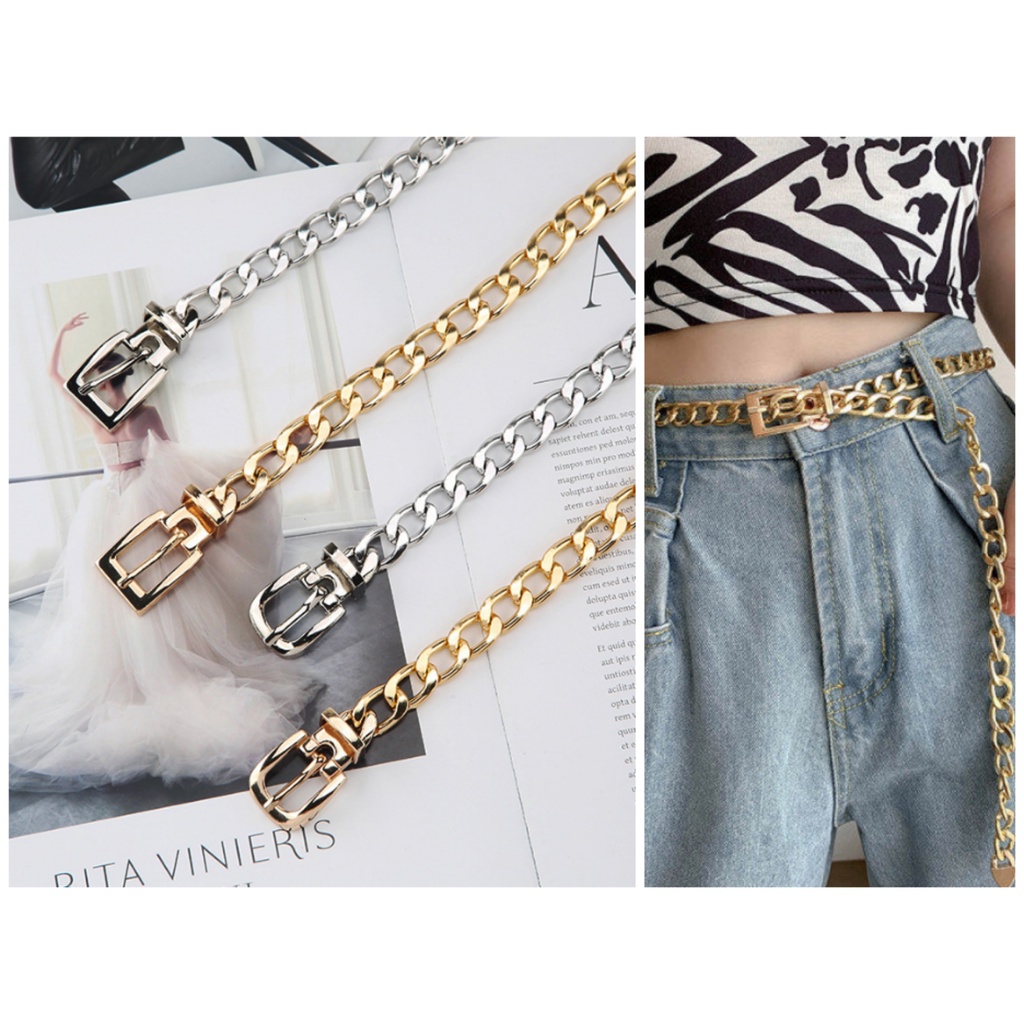 BGS-104 Ikat Pinggang Wanita Rantai Logam, Ikat Pinggang Wanita Rantai Gaya Hiphop style Kancing Pin, Korea Fashion Belt Import