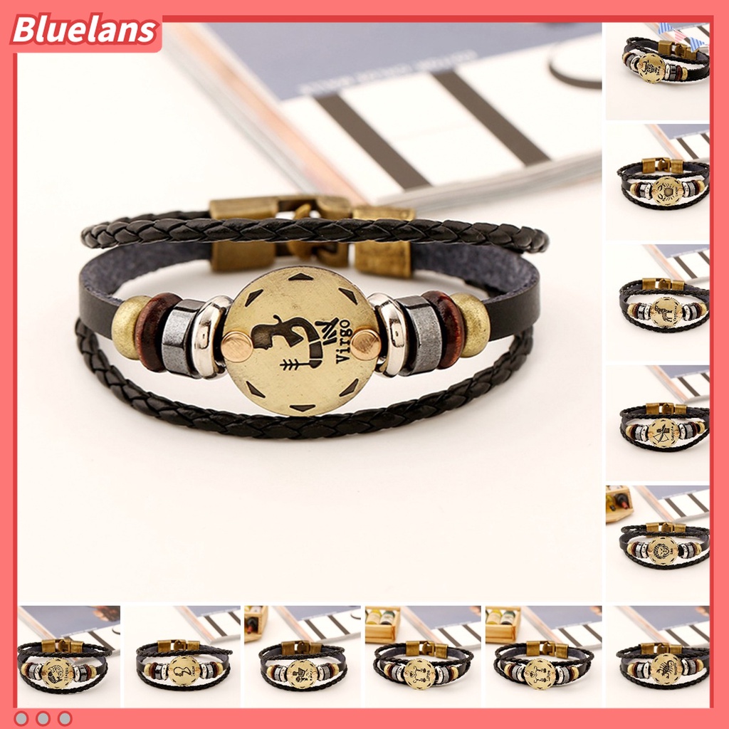 Gelang Tali Kepang Multilayer Bahan Kulit Imitasi Motif Rasi Bintang Untuk Pria