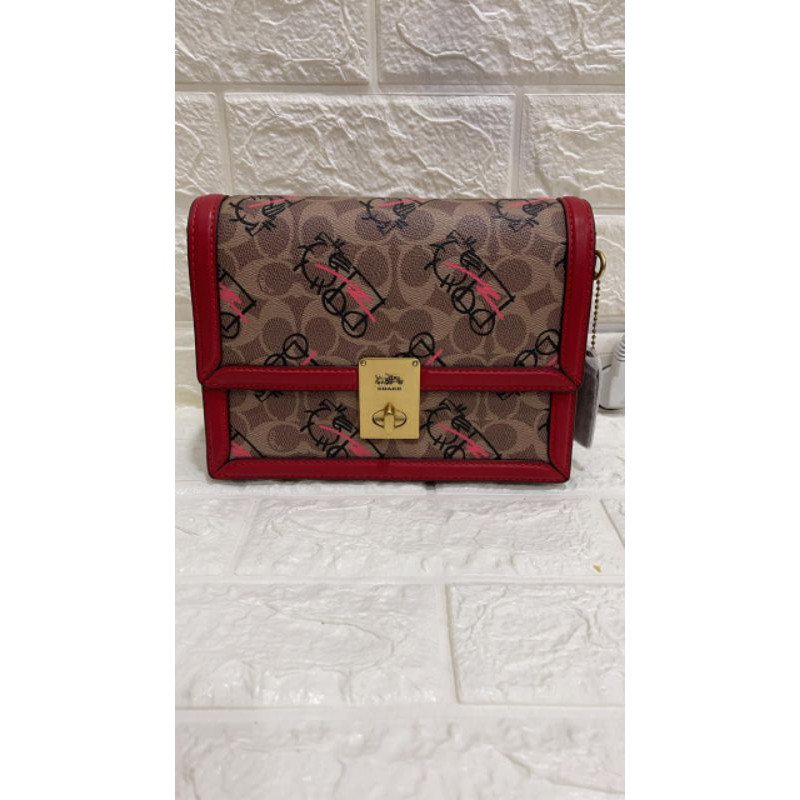 Tas Wanita Coach Hutton Shoulder Bag In Canvas Original merah motif hewan cartoon rantai kulit keren